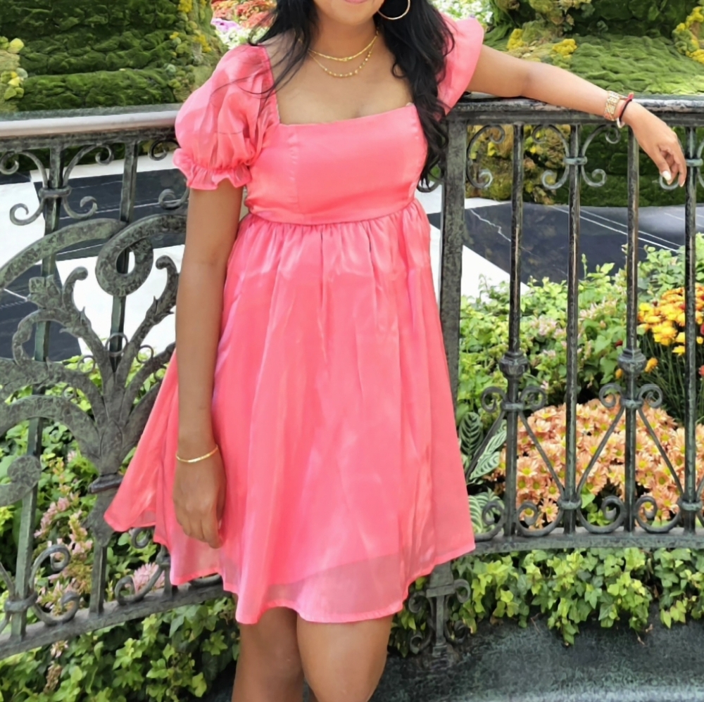 Vibrant Pink/Coral Puff Sleeve Dress